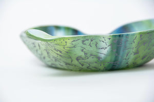 Heart shaped glass bowl in spring green and azure blue drizzle - contemporary glassware made in Ireland by Glass Art Ireland. Photo reference 4019