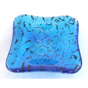 Giants Causeway ring dish in blue with infused copper patternation - contemporary glassware hand made in Ireland by Glass Art Ireland