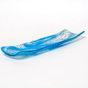 Contemporary turquoise and white glass longboat with infused copper patternation - Irish glassware by Glass Art Ireland