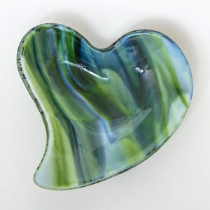 Heart shaped glass bowl in spring green and azure blue drizzle - contemporary glassware made in Ireland by Glass Art Ireland. Photo reference 4015