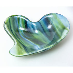 Heart shaped glass bowl in spring green and azure blue drizzle - contemporary glassware made in Ireland by Glass Art Ireland. Photo reference 4017