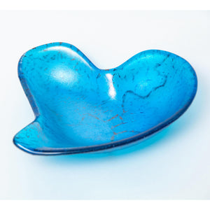 Blue heart shaped glass bowl in iridised rainbow on turquoise - contemporary glassware made in Ireland by Glass Art Ireland. Photo reference 4006