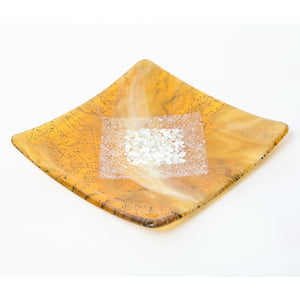 Square pebble transparent yellow glass plate infused with copper - contemporary glassware made in Ireland by Glass Art Ireland. Photo 4021