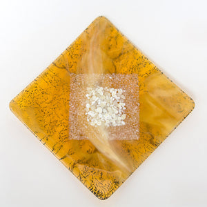 Square pebble transparent yellow glass plate infused with copper - contemporary glassware made in Ireland by Glass Art Ireland. Photo 4024