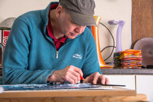 Glass artist Keith Sheppard working at his glassware studio in County Armagh, Northern Ireland, Glass Art Ireland