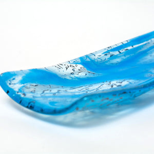 Contemporary turquoise and white glass longboat with infused copper patternation - Irish glassware by Glass Art Ireland