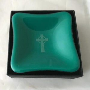 Green Celtic ring dish tealight holder - contemporary glassware hand made in Ireland by Glass Art Ireland