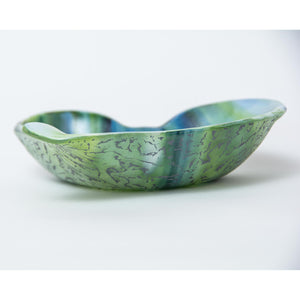 Heart shaped glass bowl in spring green and azure blue drizzle - contemporary glassware made in Ireland by Glass Art Ireland. Photo reference 4018