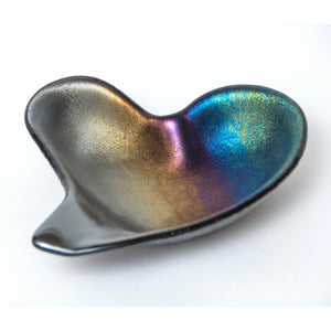 Heart shaped glass bowl iridised rainbow on black - contemporary glassware made in Ireland by Glass Art Ireland. Photo reference 4009