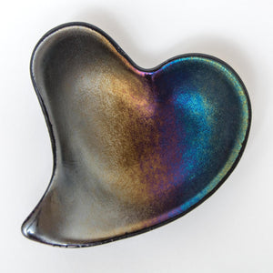 Heart shaped glass bowl iridised rainbow on black - contemporary glassware made in Ireland by Glass Art Ireland. Photo reference 4011